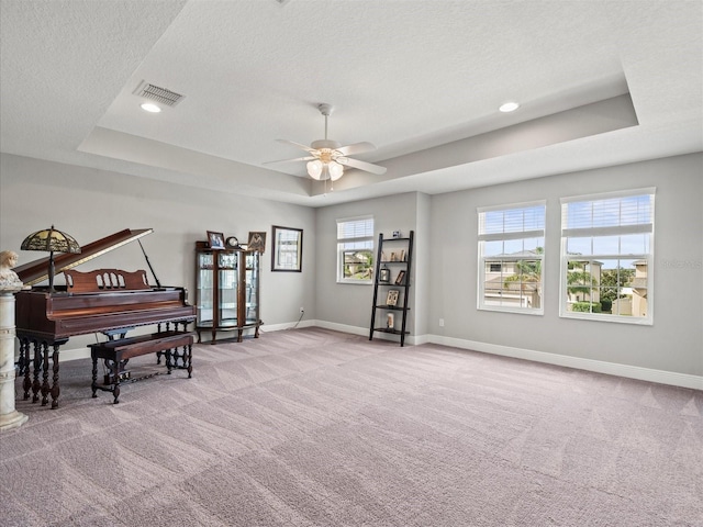 misc room featuring a tray ceiling, ceiling fan, light colored carpet, and a textured ceiling