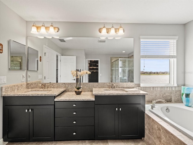 bathroom featuring vanity and separate shower and tub