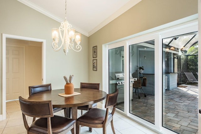 dining area with crown molding, light tile patterned flooring, lofted ceiling, and an inviting chandelier