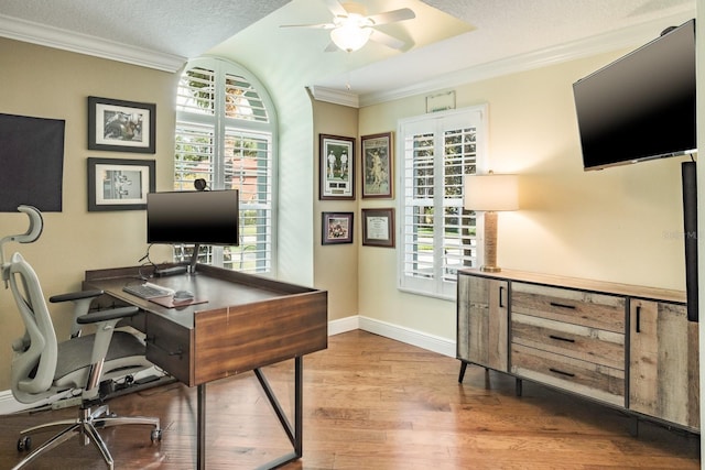 office space featuring hardwood / wood-style flooring, ceiling fan, ornamental molding, and a textured ceiling