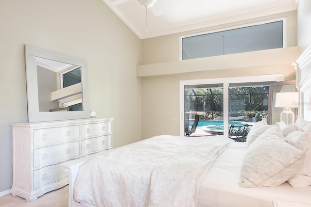 carpeted bedroom with access to outside, high vaulted ceiling, ceiling fan, and crown molding