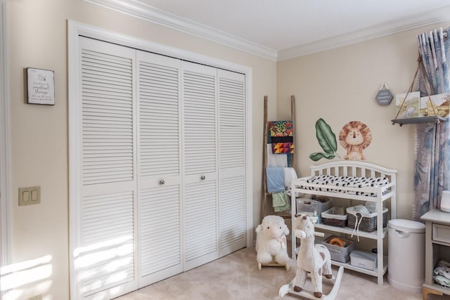 recreation room with light colored carpet and crown molding