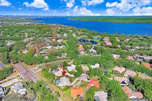 drone / aerial view featuring a water view