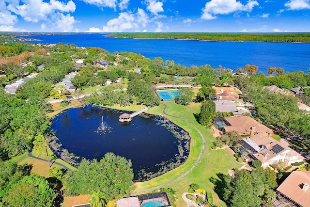 aerial view featuring a water view