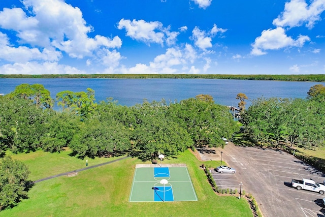 bird's eye view with a water view