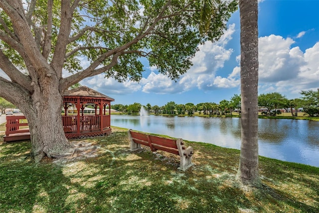 dock area featuring a gazebo and a water view