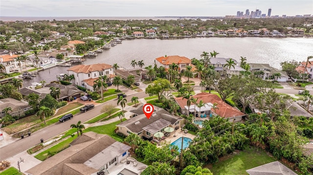 drone / aerial view with a water view