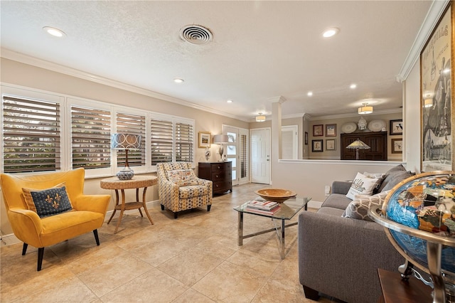 living room featuring light tile patterned flooring, a textured ceiling, and ornamental molding