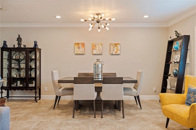 dining area with a chandelier, crown molding, and light tile patterned flooring