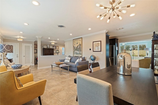 dining space with light tile patterned flooring, ornamental molding, and a chandelier