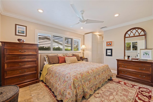 bedroom with ceiling fan and ornamental molding