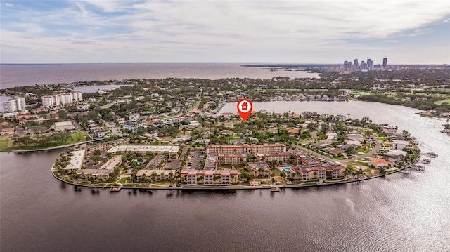 aerial view featuring a water view