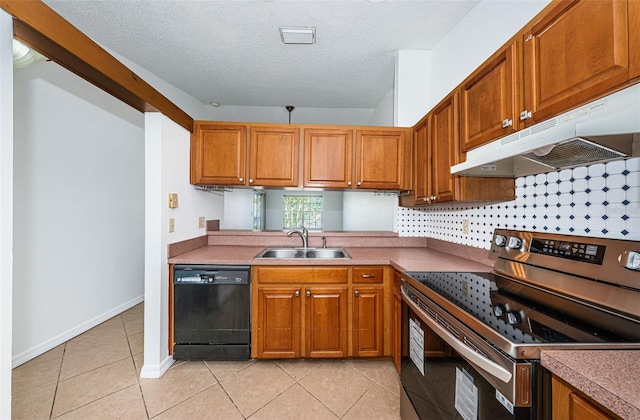 kitchen with a textured ceiling, sink, electric stove, black dishwasher, and light tile patterned flooring