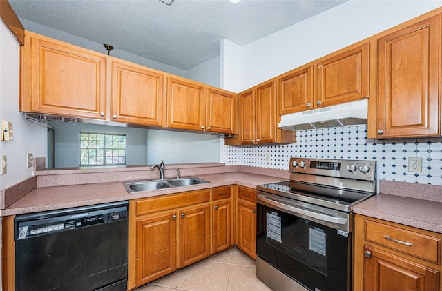 kitchen with a textured ceiling, sink, light tile patterned floors, electric range, and dishwasher