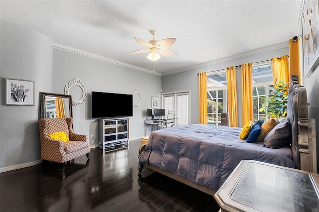 bedroom featuring a textured ceiling, ceiling fan, crown molding, and dark hardwood / wood-style floors