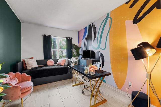 living room featuring a textured ceiling