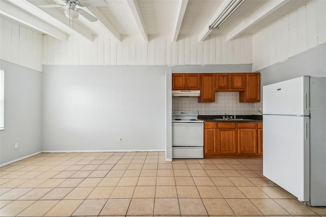 kitchen featuring beam ceiling, white appliances, backsplash, and light tile patterned flooring