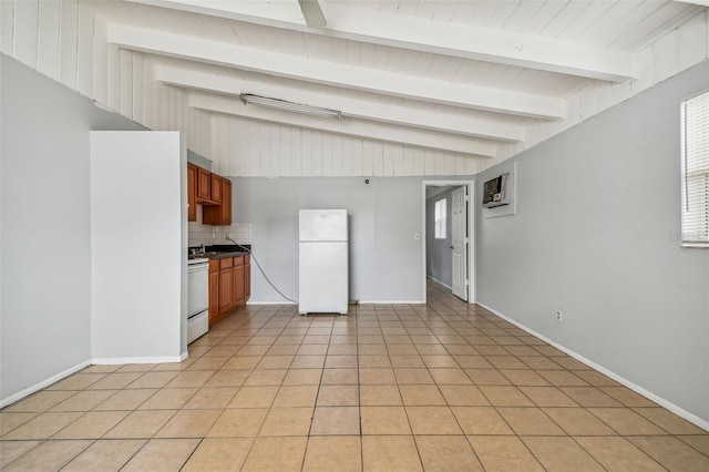 kitchen with white appliances, vaulted ceiling with beams, tasteful backsplash, light tile patterned floors, and a wall mounted AC