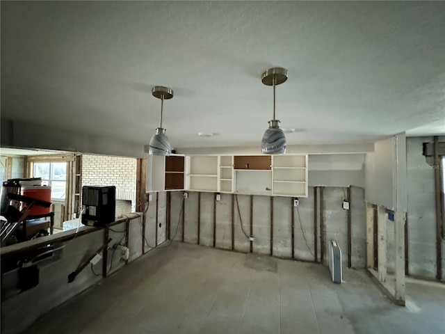 basement with a wood stove