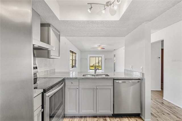 kitchen with light wood finished floors, a ceiling fan, gray cabinets, stainless steel appliances, and a sink