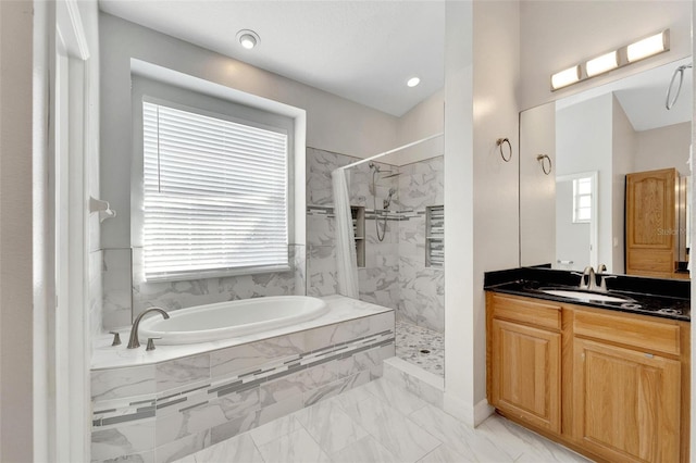11305 Sweet Bay Ct, Riverview, FL 33569 - full bathroom with a garden tub, a marble finish shower, vanity, and marble look tile flooring