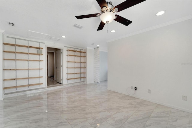 11305 Sweet Bay Ct, Riverview, FL 33569 - unfurnished room featuring light marble finish floors, ornamental molding, a ceiling fan, recessed lighting, and attic access