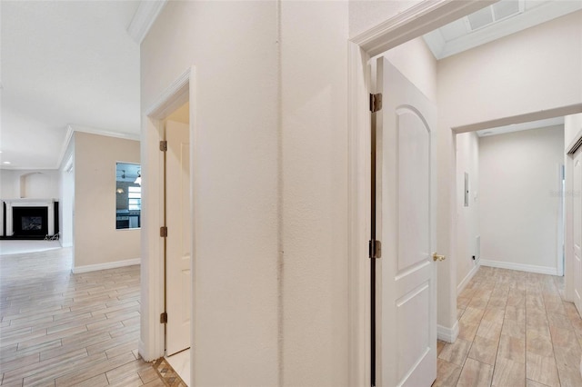 11305 Sweet Bay Ct, Riverview, FL 33569 - corridor featuring light wood finished floors, crown molding, and baseboards
