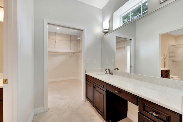 bathroom featuring a shower and vanity