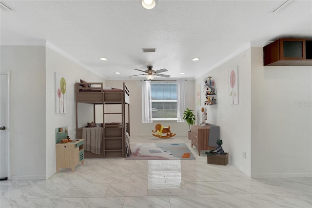 interior space featuring a textured ceiling and crown molding