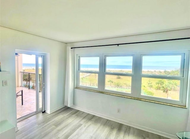 empty room featuring a water view and light hardwood / wood-style flooring