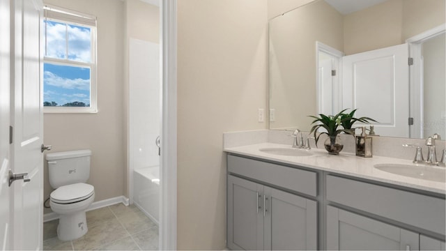 full bathroom featuring tile patterned floors, vanity, toilet, and shower / bathing tub combination