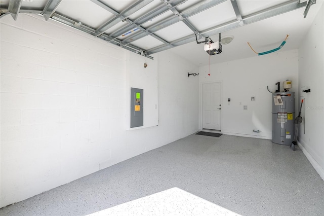 garage featuring a garage door opener, electric water heater, and electric panel