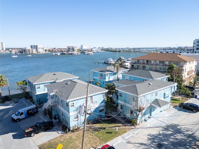 bird's eye view with a water view