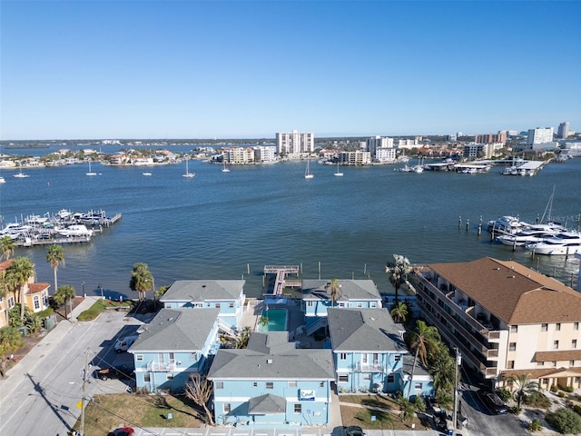 drone / aerial view with a water view