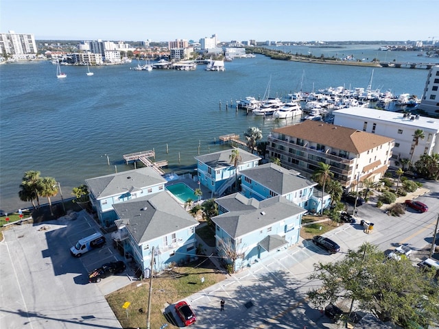 drone / aerial view with a water view