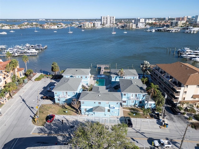 aerial view featuring a water view