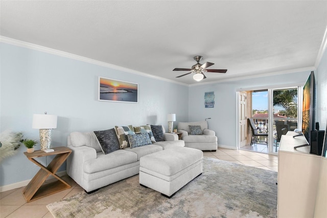 tiled living room featuring ceiling fan and ornamental molding