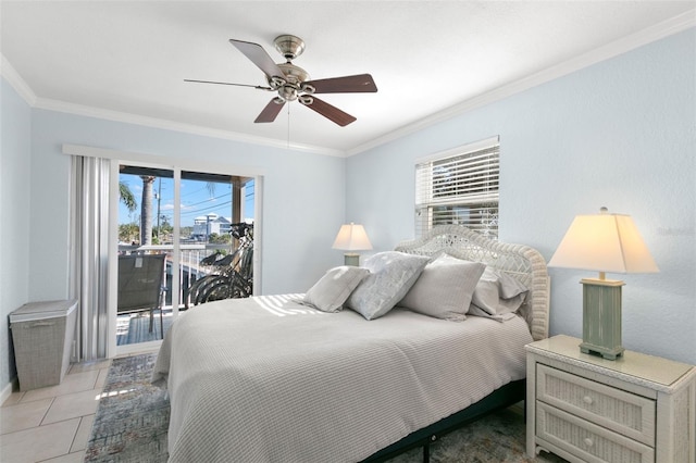 tiled bedroom with ceiling fan, access to outside, and crown molding