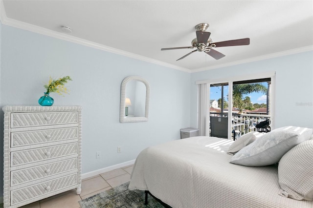 tiled bedroom with ceiling fan, ornamental molding, and access to outside