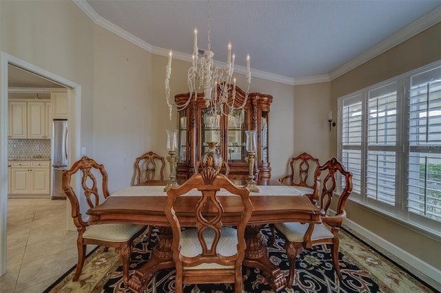 dining room with a chandelier, light tile patterned floors, and crown molding