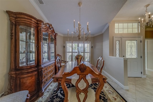 tiled dining space with crown molding, a textured ceiling, and a notable chandelier