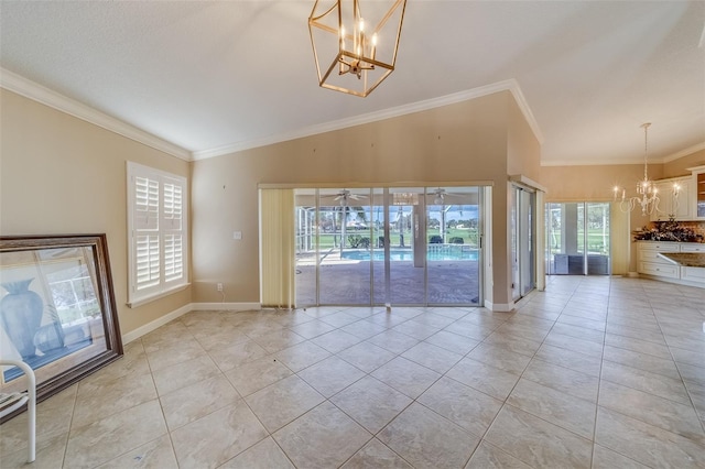 unfurnished living room with crown molding, light tile patterned flooring, lofted ceiling, and a notable chandelier