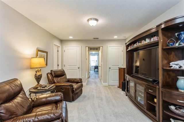 carpeted living room with a textured ceiling