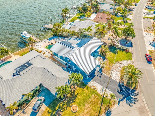 drone / aerial view featuring a water view