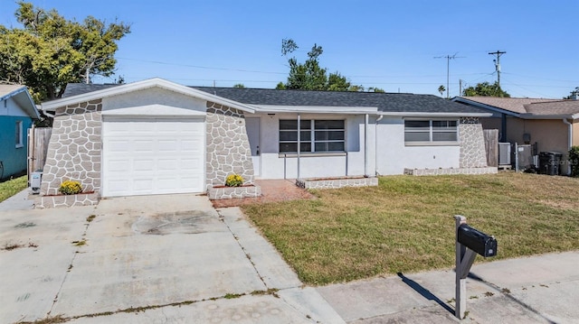 ranch-style house with a front lawn and a garage