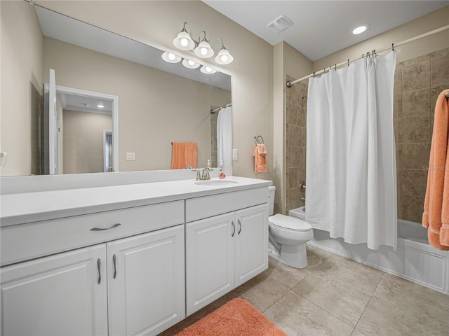 full bathroom with vanity, tile patterned flooring, shower / bathtub combination with curtain, and toilet