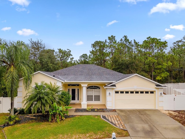 single story home featuring a porch, a front yard, and a garage