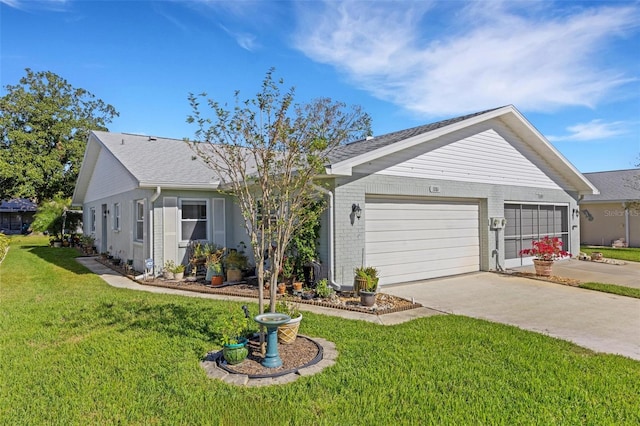 single story home with a front yard and a garage