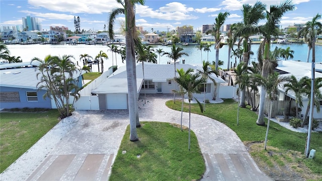 aerial view featuring a water view