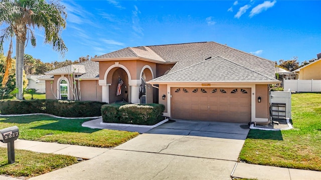 view of front of house with a garage, stucco siding, and a front yard